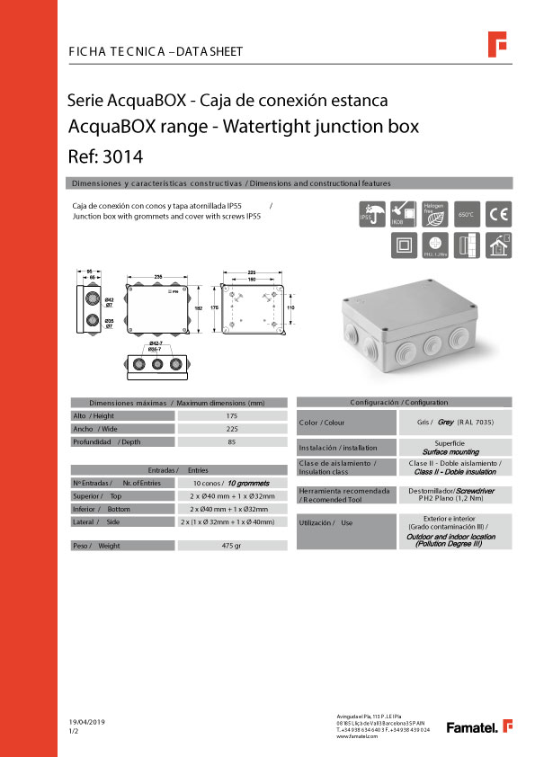 FICHA CAJA ESTANCA 220C170 famatel (3014)